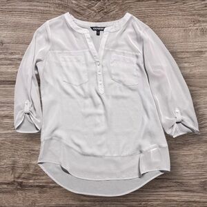 Express Women's Elegant Gray V Neck Dressy Sheer 3/4 Sleeve Blouse Size Small